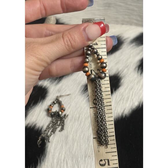 Native American Sterling Silver Navajo Pearl Orange Spiny Chandelier Earrings 4” - Picture 3 of 10